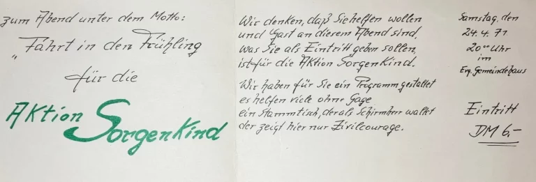 Handgeschriebene Einladung für das Konzert 1971 im Gesellschaftshaus. Damals schwor sich Herbert Wirzius, bei künftigen Hilfsaktionen den Erlös zu 100 Prozent weiterzugeben.